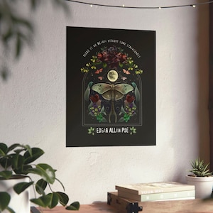 Edgar Allan Poe dark academia original design gift poster archival quality matte unique print gothic night garden with moon and lunar moth image 3