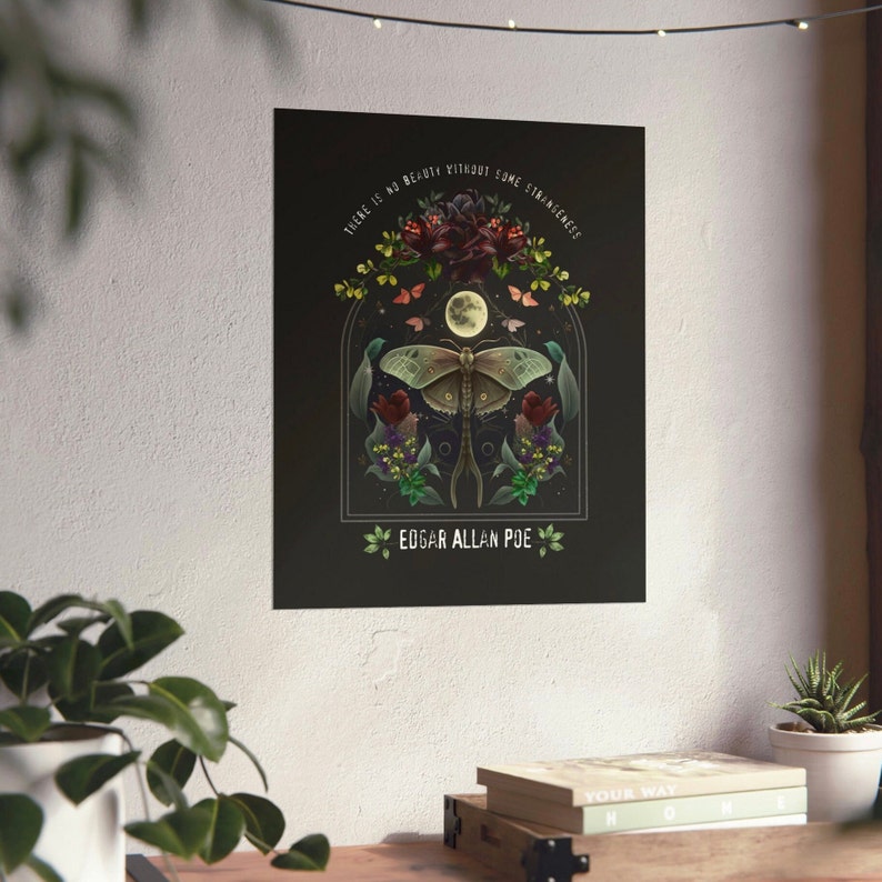 Edgar Allan Poe dark academia original design gift poster archival quality matte unique print gothic night garden with moon and lunar moth image 3