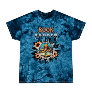 Book Kraken blue tie-dye shirt gift for book loving friend gifted bookish crewneck teacher reading t-shirt library day unique graphic tee Navy