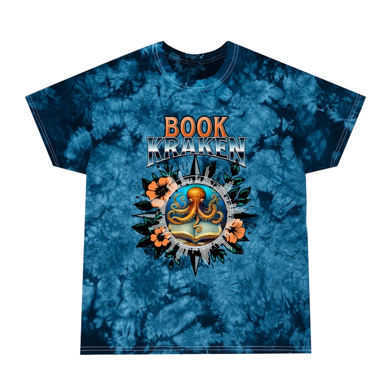 Book Kraken blue tie-dye shirt gift for book loving friend gifted bookish crewneck teacher reading t-shirt library day unique graphic tee Navy