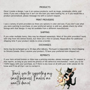 May include: A whimsical illustration of a black cat and a white rabbit playing musical instruments. The cat is playing a guitar and the rabbit is playing a banjo. The text "Thank you for supporting my small business! It makes me want to dance!" is written below the illustration.