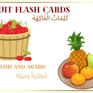 Arabic Educational Fruit Flash Cards English and Arabic Easy Beginners words Learning Islamic Muslim Arabic to English Fruit Flash Cards