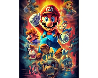 Puede incluir: Una ilustración colorida de Mario y otros personajes de la franquicia Super Mario. Mario está en el centro de la imagen, usando su característico gorro rojo y mono. Está saltando y levantando un puño en el aire. Otros personajes incluyen a Luigi, Peach, Toad y Bowser. El fondo es una mezcla vibrante de naranja, amarillo y rojo.
