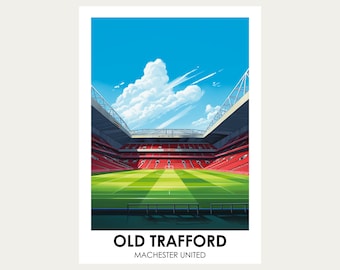 May include: A digital illustration of Old Trafford, the home of Manchester United, a famous soccer stadium in England. The stadium is shown with a green field, red seats, and a blue sky with white clouds.