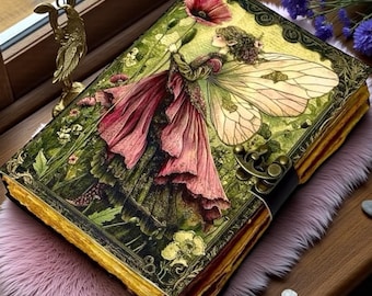 Pink Fairy Grimoire Journal Leather Book of Shadows, Celestial Spell Book, Blank Witchcraft Diary, Handmade Wiccan Pagan Leather Journal.