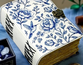 Botanical Bird Leather Grimoire Journal, Wiccan Book of Shadows, Gothic Floral Spell Book, Pagan Witchcraft Notebook Gift for Her & Him
