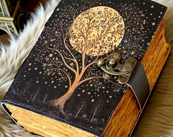 400 Page Celestial Tree of Life Leather Journal | Handmade Grimoire Moon Spell Book | Antique lock Closure | Christmas Gifts for Him & Her