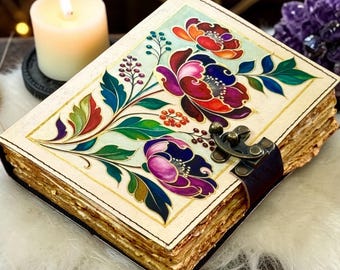 Floral Leather Grimoire Journal, Wiccan Book of Shadows, Pagan Spell Book, Gothic Witchcraft Notebook, Handmade Leather Witchy Gift