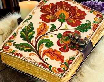 Floral Leather Grimoire Journal, Wiccan Book of Shadows, Pagan Spell Book, Gothic Witchcraft Notebook, Handmade Leather Witchy Gift