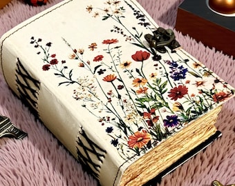 Floral Leather Journal, Handmade Vintage Book of Shadows, Deckle Edge Paper Diary, Witchcraft Grimoire Notebook