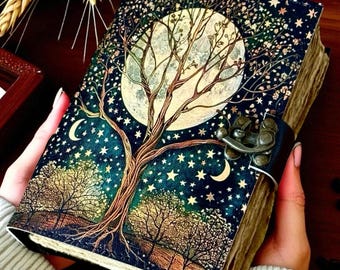 Diario de cuero Árbol de la Vida, cuaderno Grimorio Luna-Estrellas, libro de hechizos de brujería, 200-400 páginas con borde irregular, regalo pagano para ella, hecho a mano.