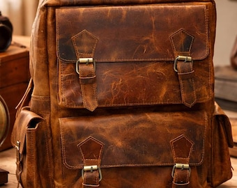 Premium Full Grain Leather Laptop Backpack Large Capacity Weekender Travel & Camping Rucksack for Men, woman and students. Gift for him, her
