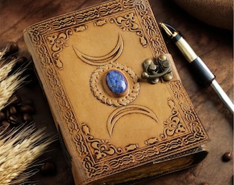 Triple Moon Leather Book of Shadows Journal | Semi Precious Stone Lock Grimoire Notebook | Gift for Her & Him