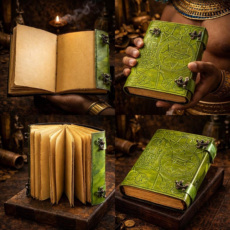May include: A green leather-bound journal with an embossed design and metal clasps. The journal has aged, yellowed pages and a decorative cover with an eye symbol. The journal is shown open and closed in multiple views.