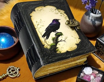 Raven Leather Grimoire Journal, Handmade Book of Shadows, Witchcraft Spell Book, Gothic Leather Notebook, DND Gift for Witch, Halloween Gift
