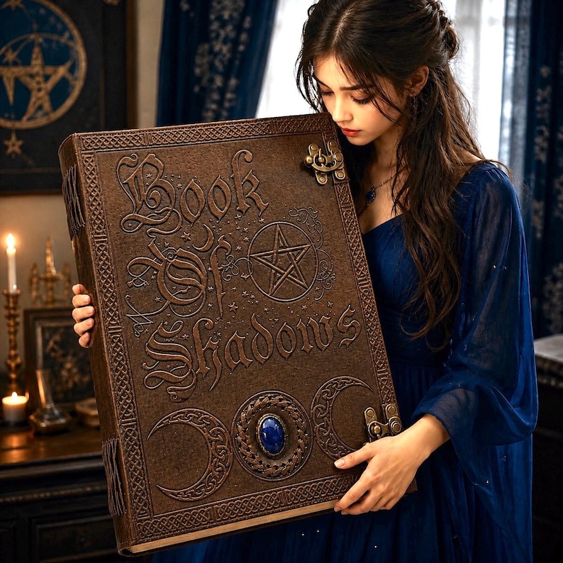 Puede incluir: Un libro grande y marr&oacute;n con las palabras "Book of Shadows" en relieve en la portada. La portada presenta un pentagrama, medias lunas y una piedra preciosa azul. El libro tiene cierres met&aacute;licos y un dise&ntilde;o detallado y texturizado.