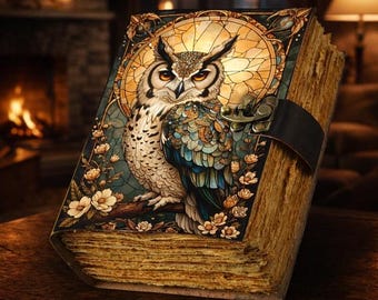 Owl Grimoire Leather Journal, Moon Tree Spell Book, Wiccan Pagan Book of Shadows, Celestial Witchcraft Diary, Gift for Him Her, Handmade
