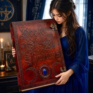 Puede incluir: Un libro grande, de estilo antiguo, con el t&iacute;tulo "Book of Shadows" grabado en la portada. La portada es de un marr&oacute;n rojizo oscuro con dise&ntilde;os intrincados, un pentagrama y una piedra preciosa azul. El libro tiene cierres met&aacute;licos y un borde decorativo.