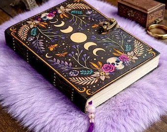 Moon Phase Leather Journal – Handmade Vintage Refillable Notebook with 200 Deckle Edge Pages | Celestial Writing Diary Gift for Women & Men
