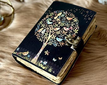 Diario de cuero Grimorio grande de 400 páginas, diario del Árbol de la Vida impreso, libro de hechizos en blanco, libro de sombras, regalos celestiales de cuero para él y para ella.