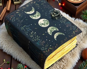Moon Phase Handmade Leather Grimoire – 400 Page Book of Shadows Spell Journal, Vintage Witchcraft Notebook, Perfect Witch Gift