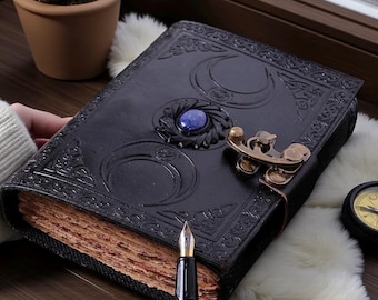 Triple Moon Leather Book of Shadows Journal | Lapis Lazuli Stone Lock Grimoire Notebook | Witchy Gift for Her & Him