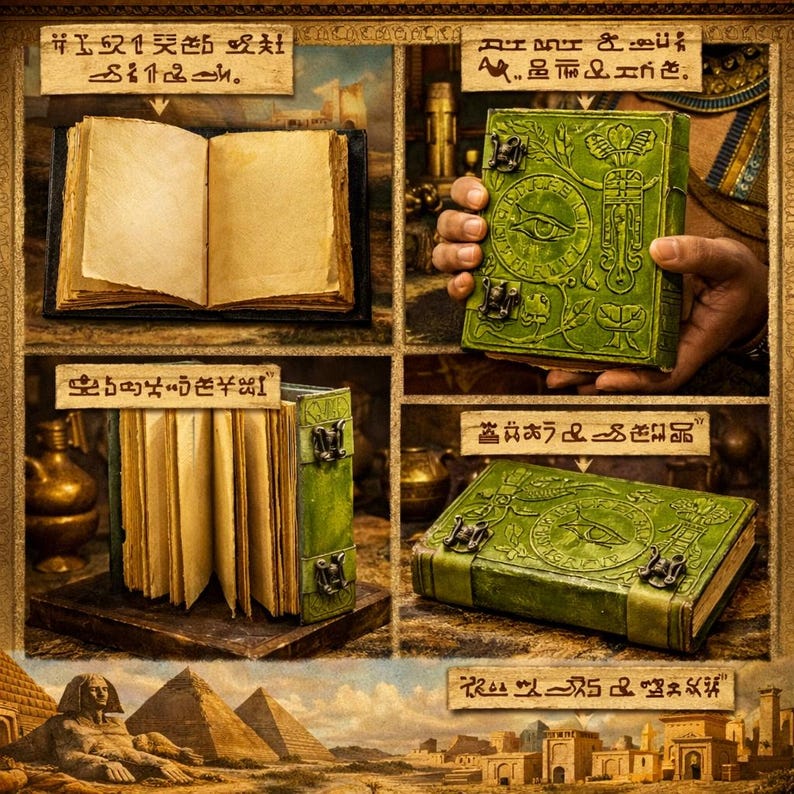 May include: A green leather-bound book with an eye motif and metal clasps is shown alongside an open book with aged pages. The image has an ancient Egyptian theme with hieroglyphs and pyramids.