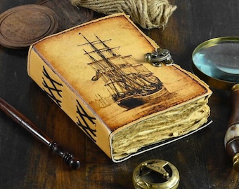 Diário de viagem em couro com 400 páginas, tema veleiro – Grimório náutico, livro das sombras, caderno artesanal com bordas irregulares, presente para ele ou para ela.