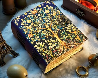 400 Page Large Grimoire leather journal, Print Tree of Life Journal, Blank spell book book of shadows Leather Celestial Gifts For Him Her