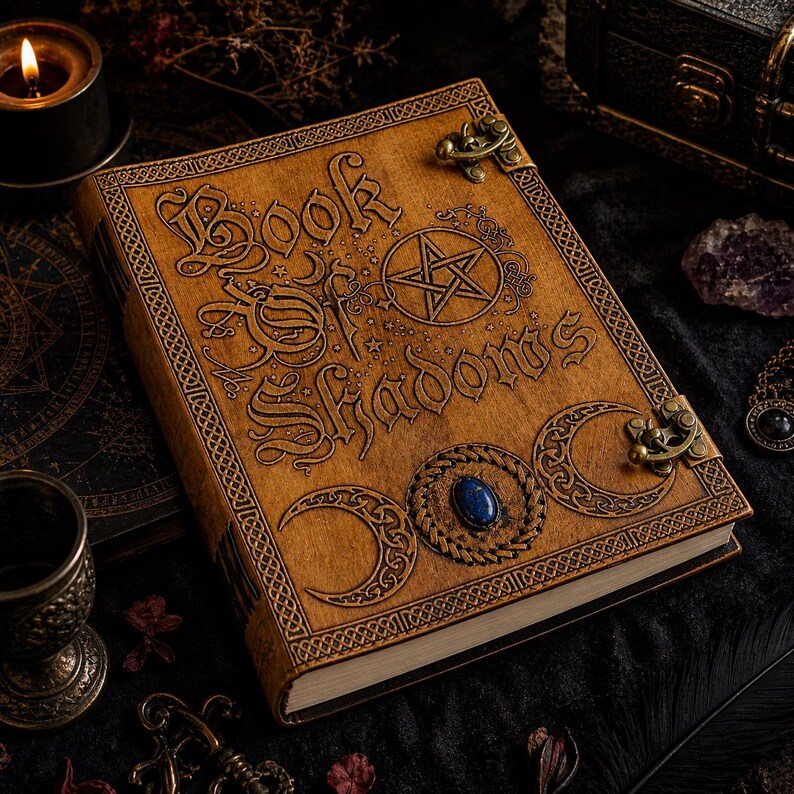 Puede incluir: Un libro encuadernado en cuero marr&oacute;n con las palabras "Book of Shadows" grabadas en la portada. La portada presenta un pentagrama, medias lunas y una piedra azul. El libro tiene cierres de lat&oacute;n y bordes decorativos.