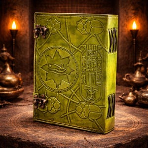 May include: A green leather book with embossed Egyptian hieroglyphs and scarab beetles. The book has metal clasps and decorative stitching along the spine. The cover features an eye symbol within a star.