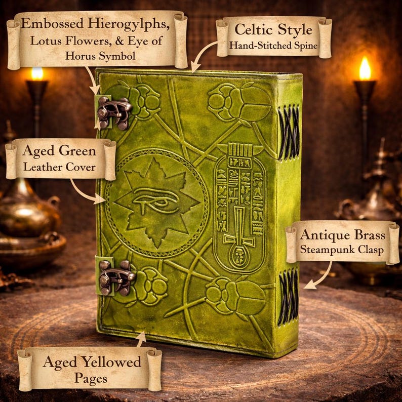 May include: Aged green leather journal with embossed hieroglyphs, lotus flowers, and the Eye of Horus symbol. Features an antique brass steampunk clasp and hand-stitched spine. The pages are aged yellowed.