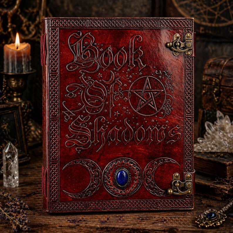 Puede incluir: Un libro encuadernado en cuero rojo titulado "Book of Shadows" con letras en relieve y un dise&ntilde;o de pentagrama. El libro presenta un cierre de broche y una piedra preciosa azul. La portada tiene un borde decorativo.