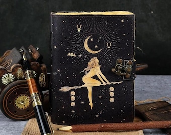 Celestial Sun & Moon Handmade Vintage Leather Journal Deckle Edge Paper