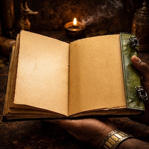 May include: An open journal with aged, blank pages. The journal has a green leather cover with metal clasps. The pages are a warm, parchment colour, suggesting age. The journal is held open, ready for writing or sketching.