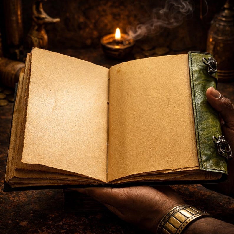 May include: An open journal with aged, blank pages. The journal has a green leather cover with metal clasps. The pages are a warm, parchment colour, suggesting age. The journal is held open, ready for writing or sketching.