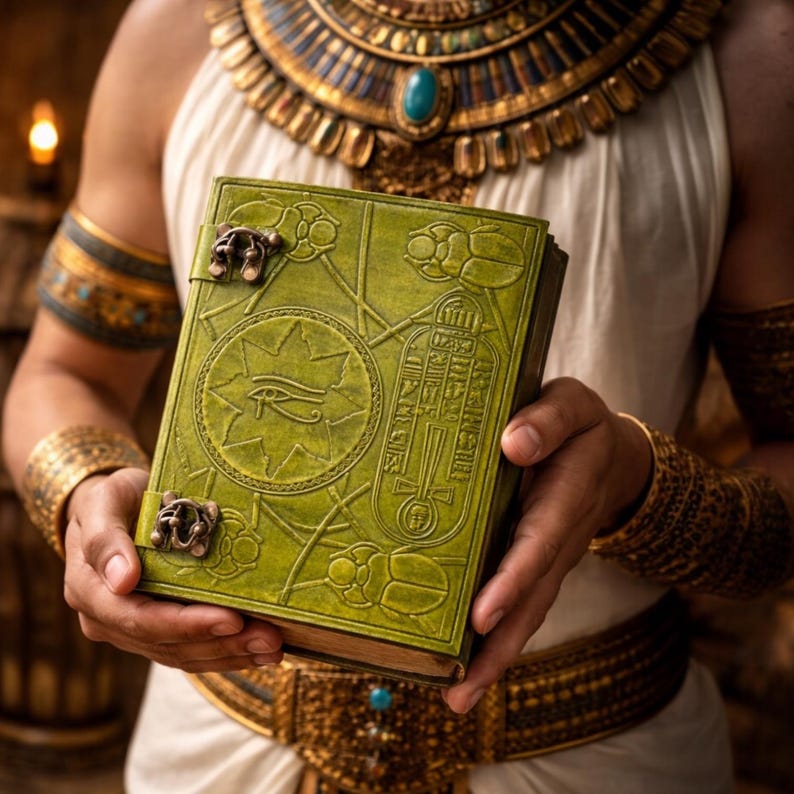 May include: A green leather-bound book with detailed embossed patterns, featuring an eye symbol and hieroglyphs. The book has metal clasps and is held by someone wearing gold jewellery and a white garment. The book's cover is a light green colour.
