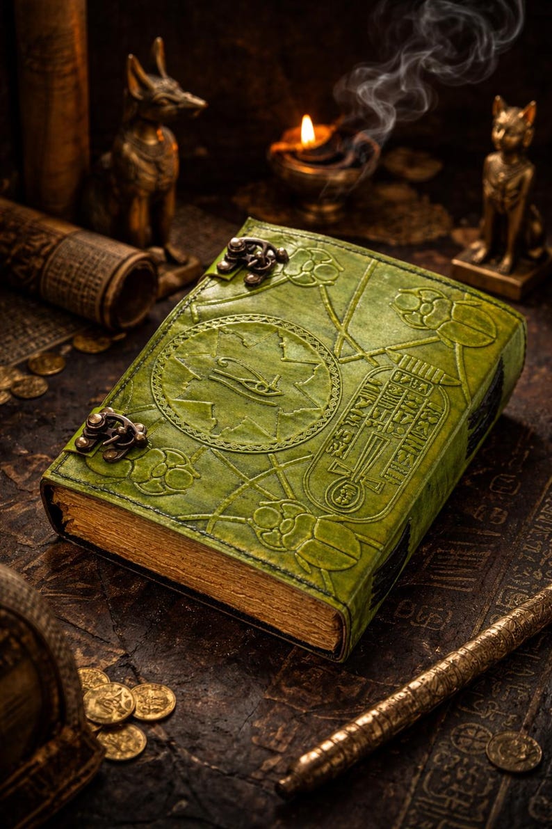 May include: A green leather journal with embossed Egyptian hieroglyphs and symbols. The cover features a circular design and decorative clasps. The aged pages have gold edges. The journal is surrounded by other ancient Egyptian artifacts.