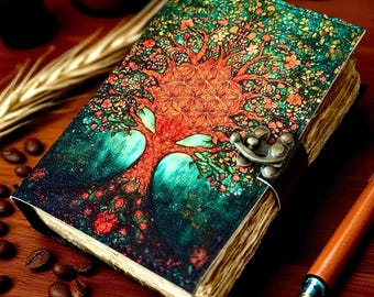 Diario de cuero Grimorio grande de 400 páginas, diario del Árbol de la Vida impreso, libro de hechizos en blanco, libro de sombras, regalos celestiales de cuero para él y ella