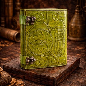 May include: A green leather journal with an embossed Egyptian design. The cover features a central eye symbol within a starburst, hieroglyphs, and floral patterns. It has a clasp closure and is displayed on a wooden block.