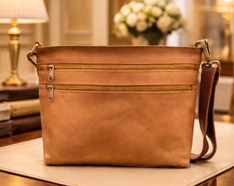 Leather Crossbody Bag for Women, Brown Sling Bag, Vintage Messenger Bag, Leather Shoulder Bag, Minimalist Travel Bag, Zipper Pocket Bag.