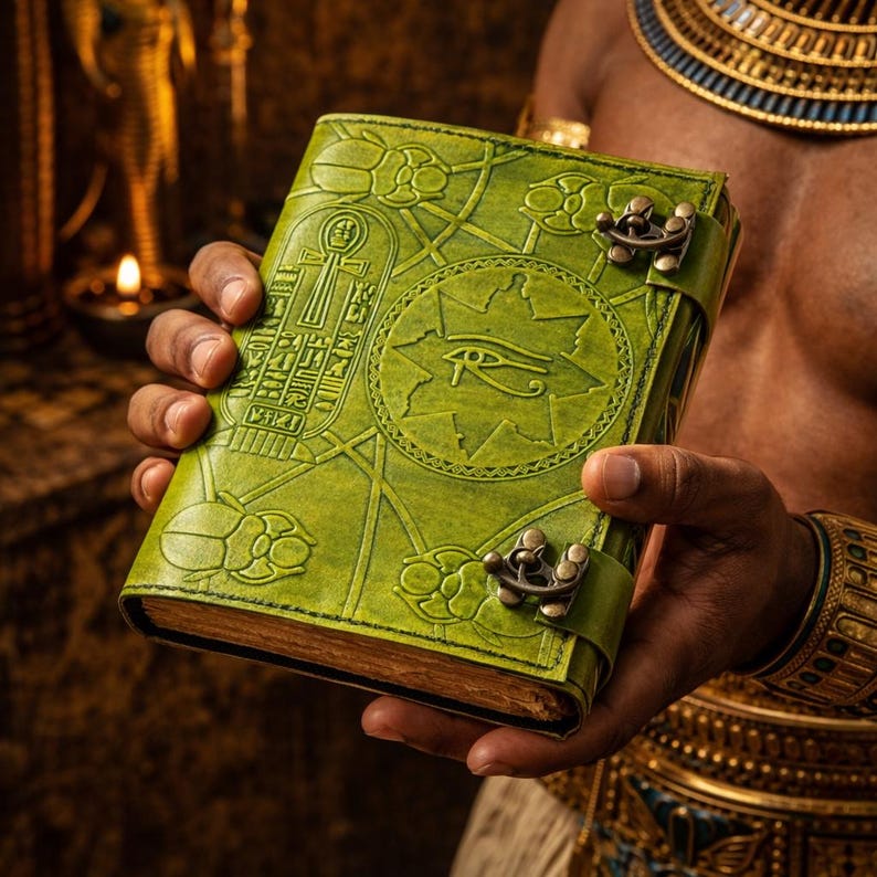 May include: A green leather journal with an embossed Egyptian design. The cover features hieroglyphs, a star, and the Eye of Horus. The journal is secured with a leather strap and metal clasp. The edges of the pages are visible.