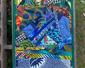 Collage art wall hanging African wax patchwork - handmade and original ‘Blue Lagoon 18/76’