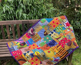 African Wax Print Patchwork Quilt: Handmade Lap Quilt, Colorful Home Decor