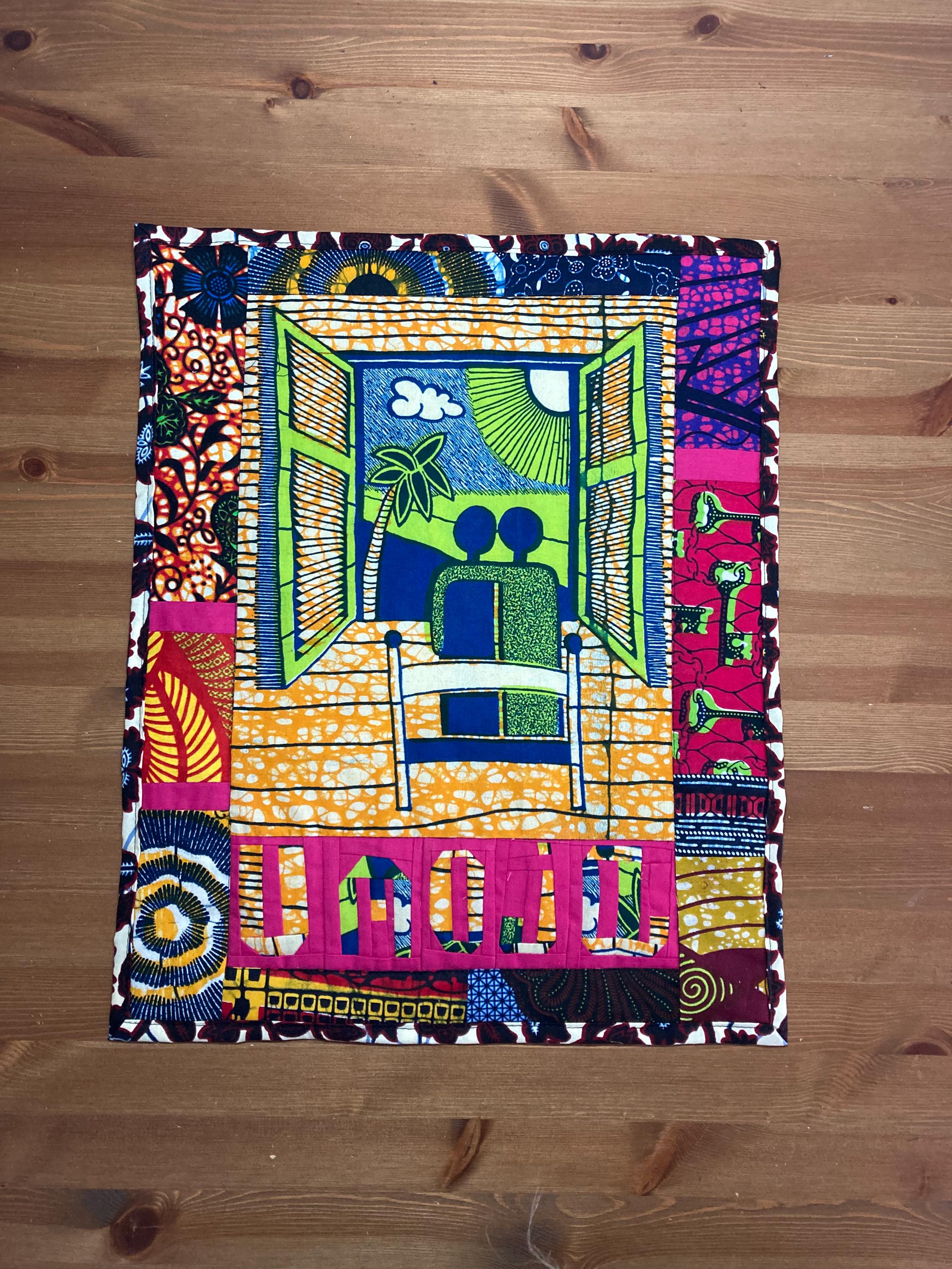 Ankara word patchwork wall hanging African wax textile art ‘Umoja’ gift wedding anniversary unity togetherness
