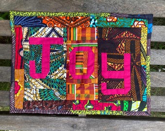 African fabric wall art- Joy A3 size Ankara, African wax fabric patchwork wall hanging Christmas gift