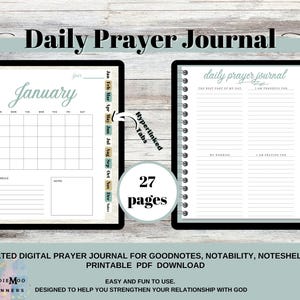 Op de afbeelding: Een ongedateerd digitaal gebedsdagboek met een zwarte rand, met een kalender voor januari en gelinieerde pagina's voor dagelijkse reflecties. Het dagboek bevat hyperlinks en 27 pagina's. De tekst op het dagboek luidt "Daily Prayer Journal".