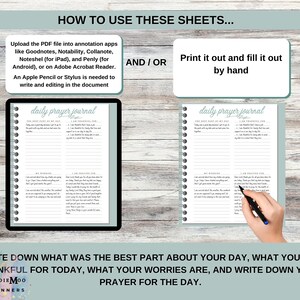 Op de afbeelding: Een digitaal dagelijks gebedsdagboek weergegeven op een tablet, met instructies om de PDF te uploaden naar annotatie-apps of af te drukken en met de hand in te vullen. Het dagboek bevat vragen over dankbaarheid, zorgen en gebed.