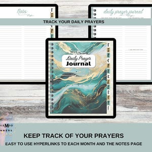 Op de afbeelding: Een dagelijks gebedenboek met een turquoise en gouden abstract omslagontwerp. Het boek bevat gelinieerde pagina's, maandelijkse tabbladen en de tekst "Daily Prayer Journal". De afbeelding bevat ook de tekst "Track Your Daily Prayers" en "Keep Track of Your Prayers".