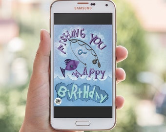 Fishing You a Happy Birthday Fun Quirky Lake Scene E Card and Printable